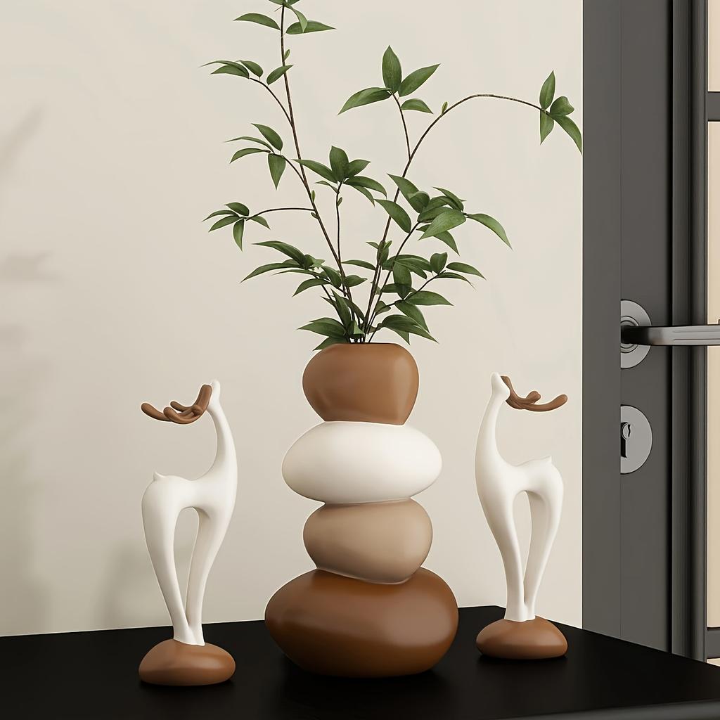 3pcs Creative Resin Stacked Stone Vase and Deer Collectible Figurine Set | Unique Christmas Gifts for Living Room, Bedroom, Office Desk, Bookshelf