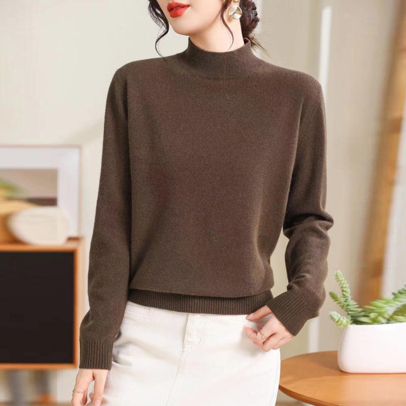 Women's Autumn/Winter Wool Sweater - Half-High Round Neck, Warm Knit Pullover, Ideal Base Layer