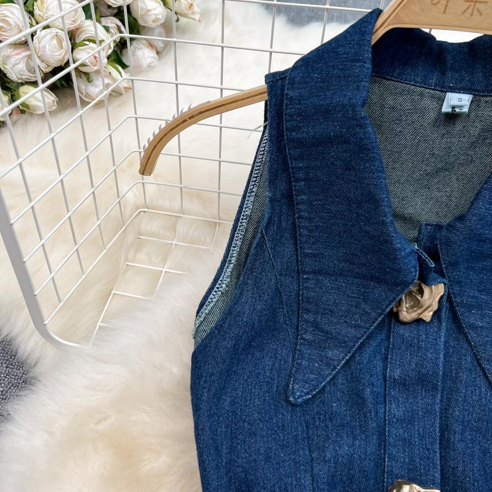 Women's Retro Lapel Hollowed Out Sleeveless Single-breasted A Word Open Cowboy Dress Casual Long Dress