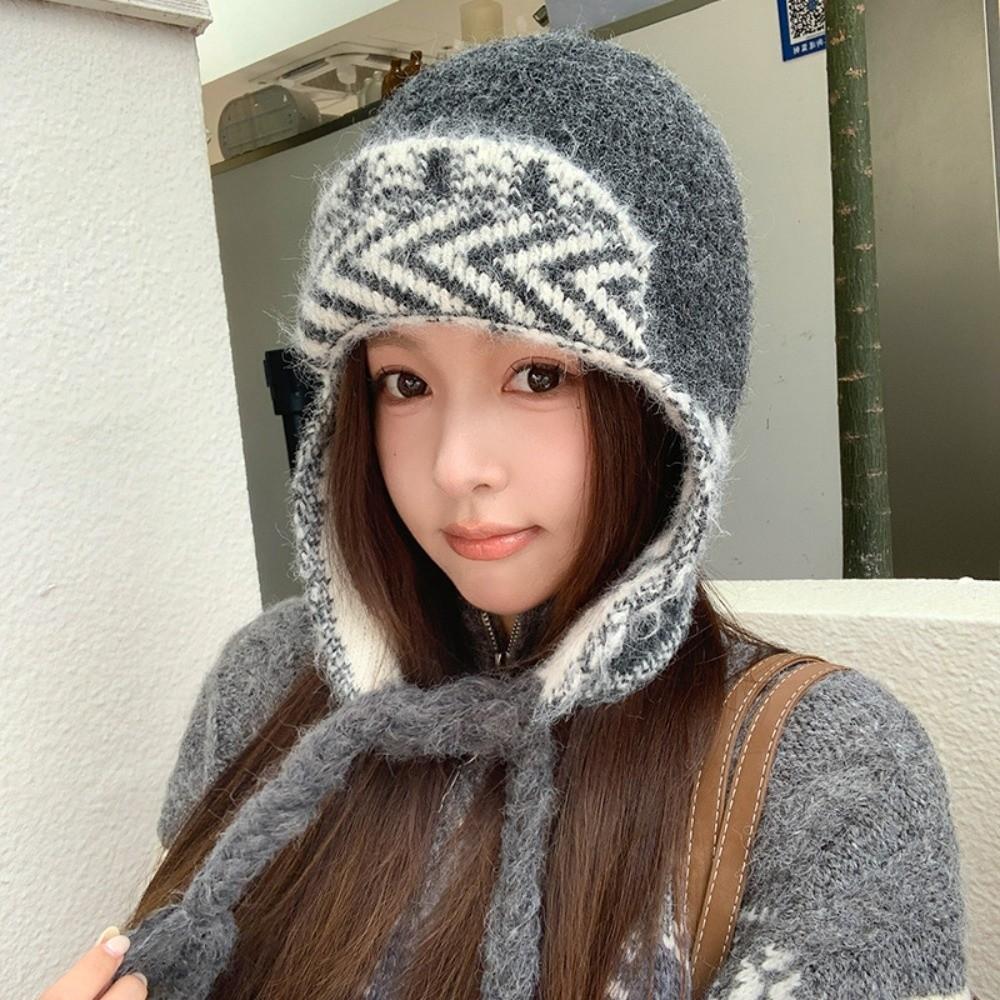 56cm To 58cm Ear Flap Hat Fair Isle Pattern Acrylic Wool Blend Hat Winter Knitted Hat Outdoor Wear
