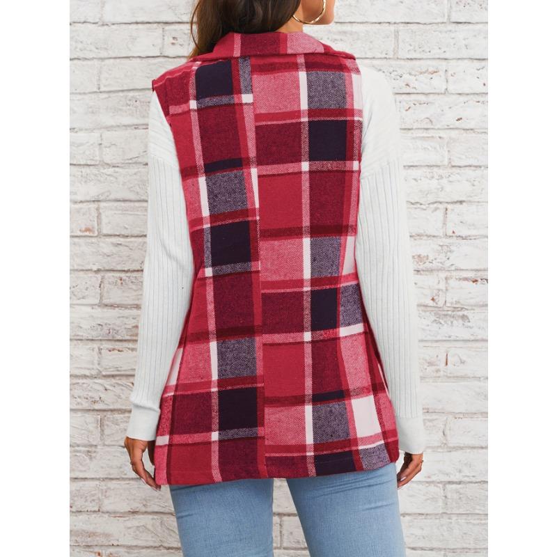 YYFS Women's Fashion Casual Plaid Print Autumn Winter Sleeveless POLO Neck Jackets & Coats