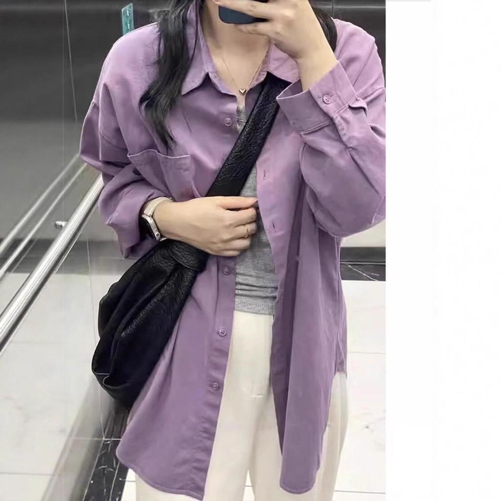 Giacca Camicia da Donna Viola in Cotone a Manica Lunga, Stile Coreano, Vestibilità Larga, per Primavera e Autunno