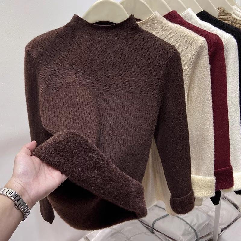 Dámský svetr s vysokým límcem Teplé sametové základní tričko Volný top Pletený svetr