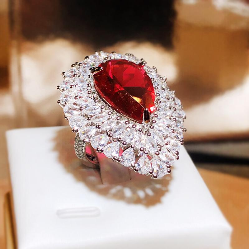 Elegant Generous Pigeon Blood Drops Full Diamond Ring Female  Silver Temperament Red Diamond Ring Party Wedding Birthday Gift