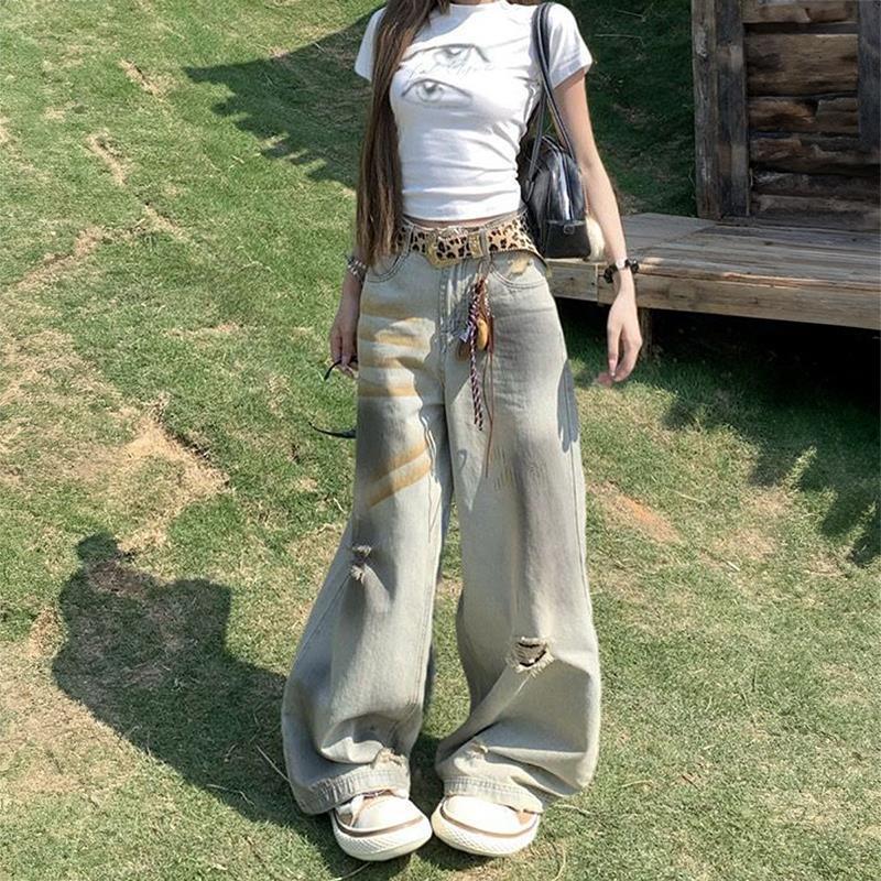 

Womens High Waist Wide Leg Denim Pants - Slimming Retro Ink Ripped, Summer Floor-Length M - 98-108 pounds
