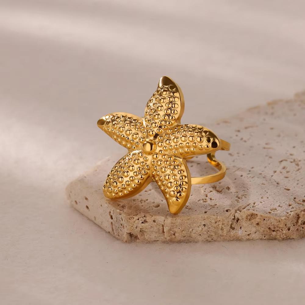Stainless Steel Starfish Shell Rings For Women Gold Color Starfish Finger Ring Vintage Summer Vacation Christmas Jewelry Gift