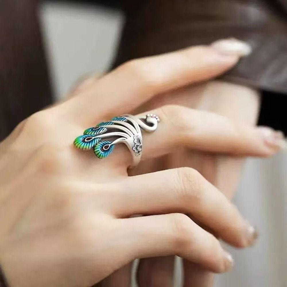 Peacock Open Rings Exaggerated Enamel Retro Ring Fashion Women Finger Rings  Punk