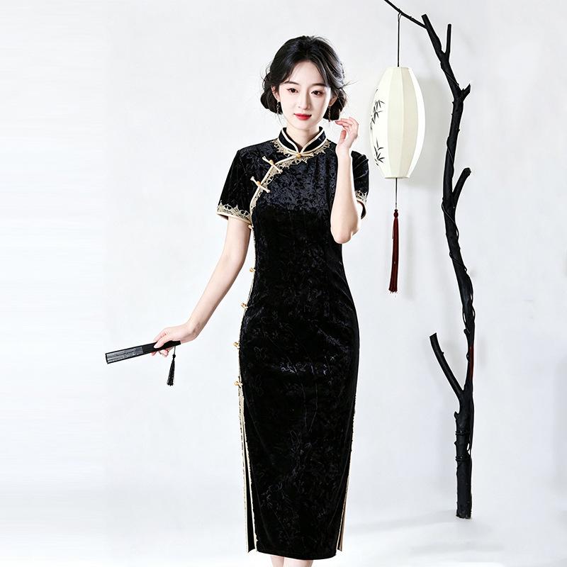 Black velvet national style new Chinese style Suzhou long autumn cheongsam improved young women's high sense daily wear