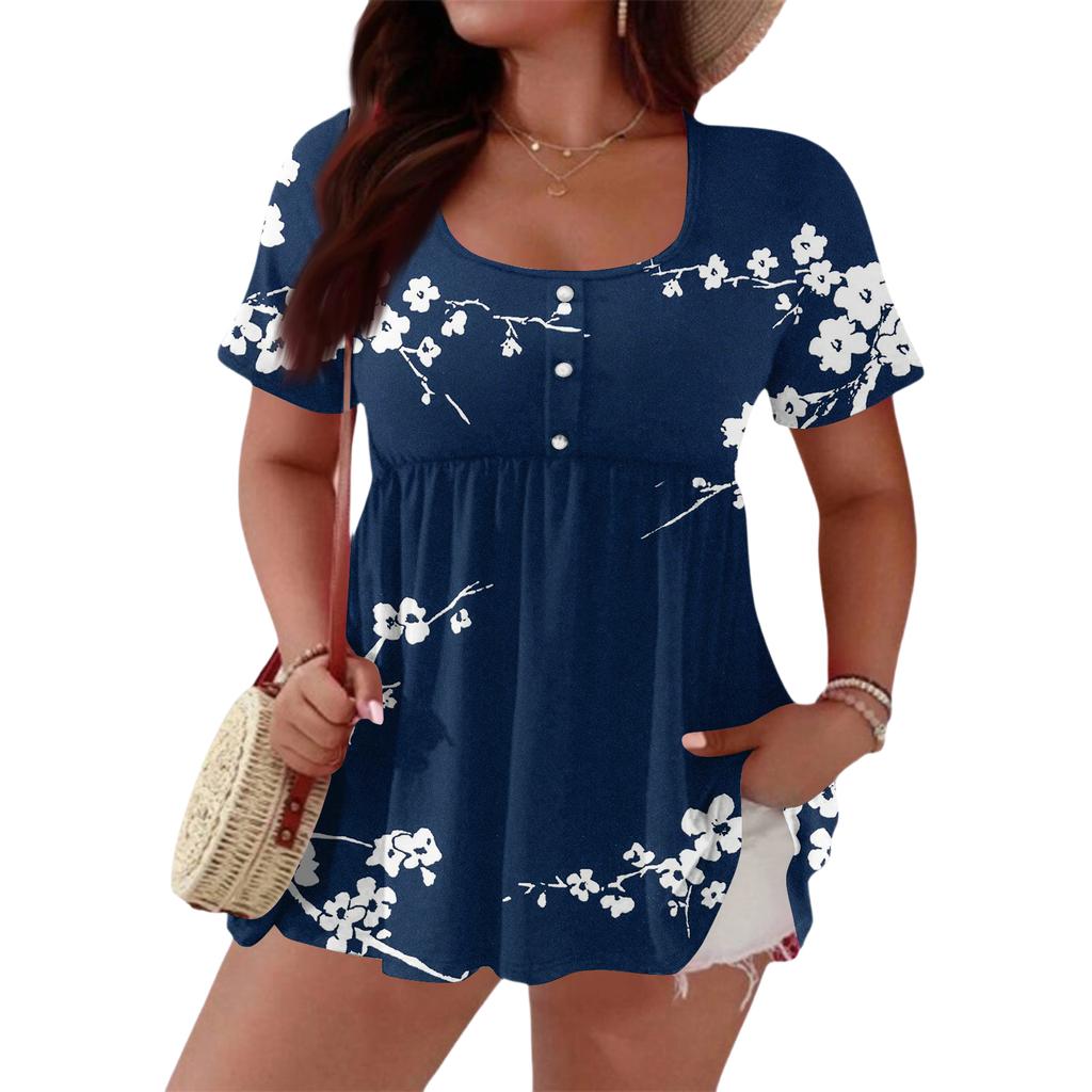 Women's Fashionable Casual Short Sleeve Loose Fit Button Front Printed Blouse