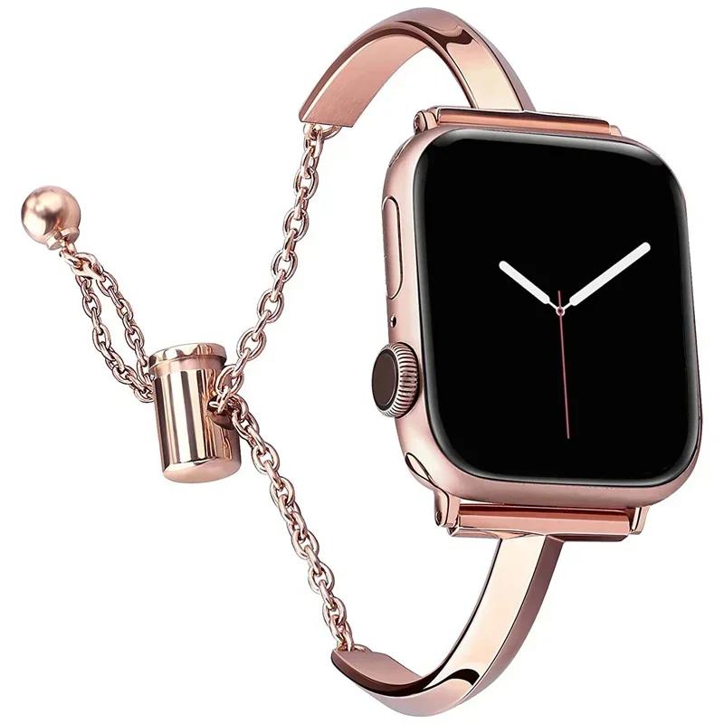 

Luxury Watch Band for Apple Watch Series 10 9 8 7 6 Se 5 4 Women Diamond Steel Bracelet IWatch Ultra 49mm 46 44 40 42 38MM Strap 42 44 45 49 S10-46mm рожевий колір золота
