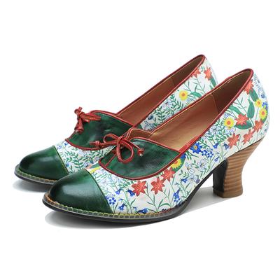 Echtes Leder Pumps Damen Schuhe Handbemalte florale Retro Pastorale Slip-on Damenschuhe mit hohen Absätzen