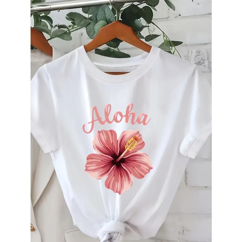 Women s Hawaiian Hibiscus Print T-Shirt - Tropical Pink & Grey Short Sleeve Aloha Top with Blooming Flower Design, Casual Hawaiian Shirt for Beachwear S белый