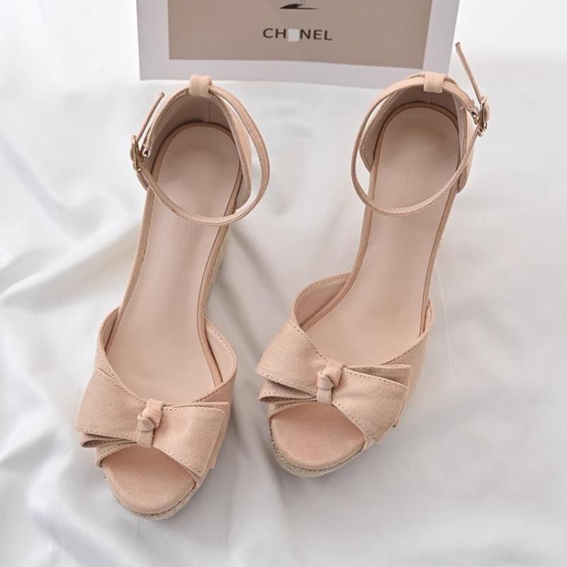 Straw Printing Wedge Heel Sandals Women's Summer Wear New Small High Bow High Heel Sandals