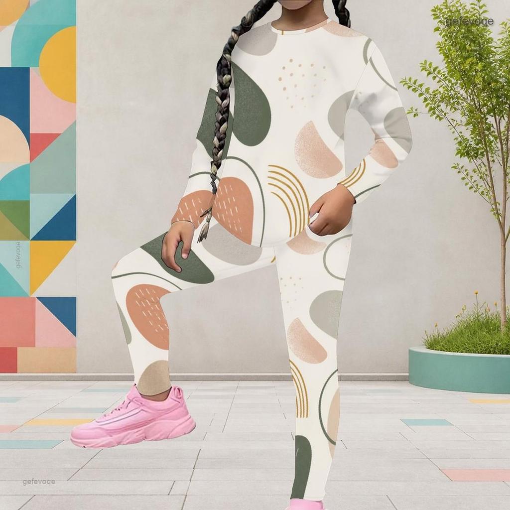 Girls Abstract Printed Round Neck Long Sleeve Top And Fitted Pants Two Piece Set