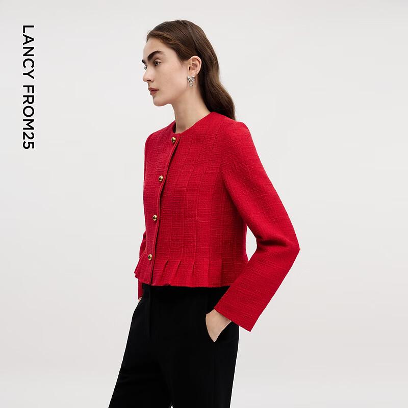 Langzi Red Round Neck Pleated Hem Short Jacket