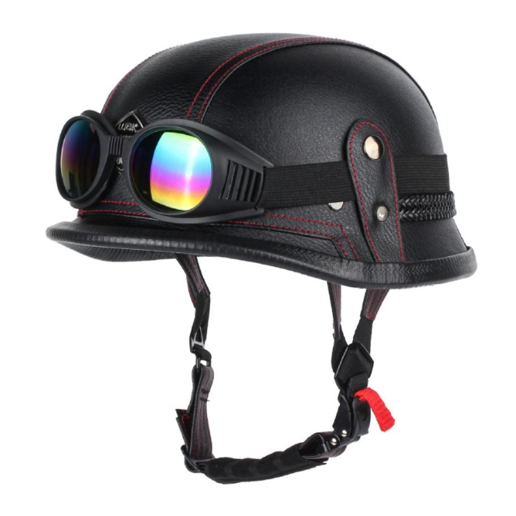 Cross-border motorcycle half helmet retro German handmade leather half-sided fast-release buckle with goggles DOT certification