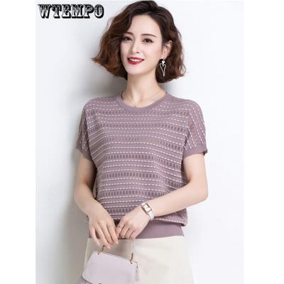 Summer Round Neck Knitted T-shirt Women's Pullover Short Sleeved Striped Hollowed Out Small Shirt Loose T-shirt Top