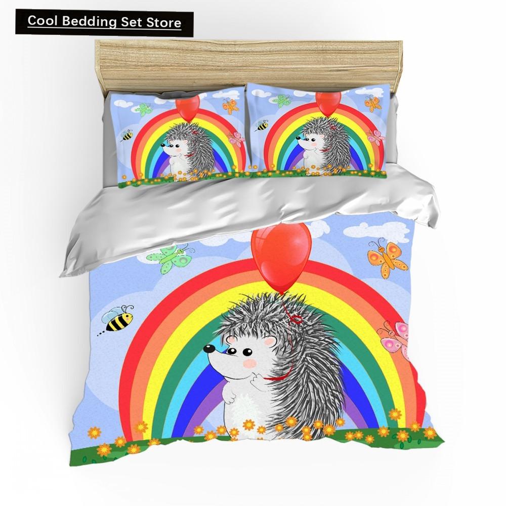 Cartoon Hedgehog King Queen Duvet Cover Rainbow Iridescent Bedding Set For Kids Girls Boys Starry Sky Animal 2/3Pcs Quilt Cover