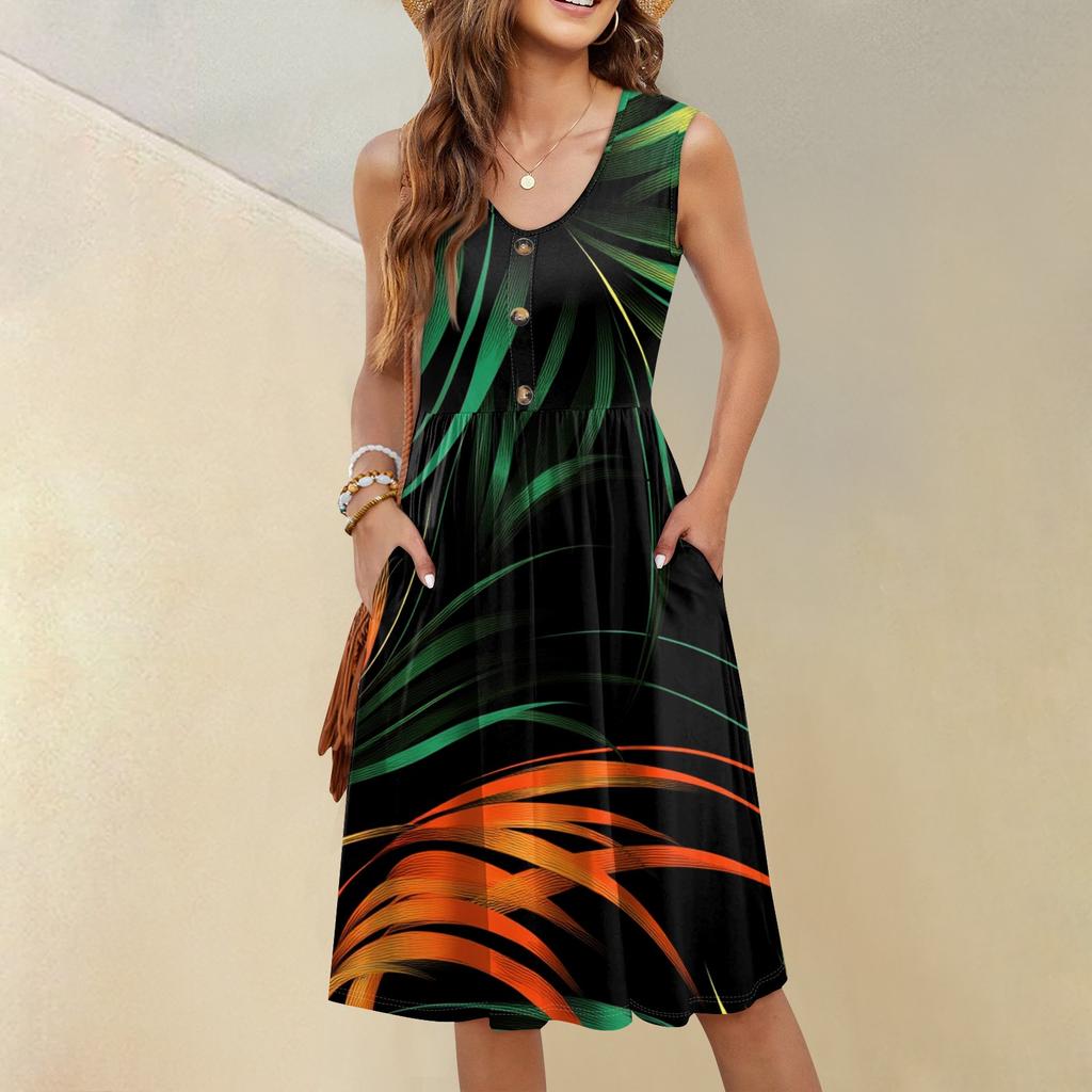 Naiste vabamoeline seksikas V-kaelusega nööbiga kaunistus varrukateta rannatrükiga Boutonniere kleit