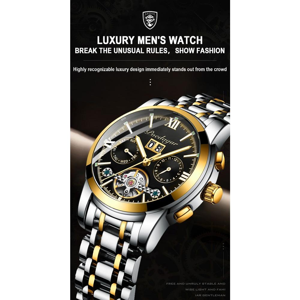POEDAGAR Automatic Mechanical Watch Men Tourbillon Skeleton Wristwatch Calendar Week Display Leather Strap