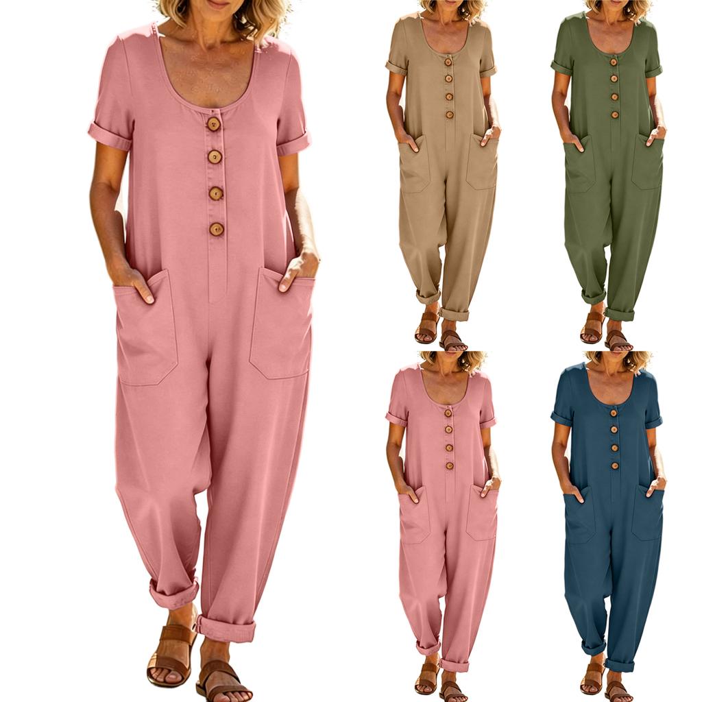 Women's Color Casual Short Sleeved Loose Pocket Overalls Long Jumpsuit