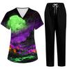 Women's Short Sleeve Uniform Set with Halloween Print, Pocket Top and Pants 2 Piece