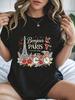 Women Vintage Casual Regular Fit T‑Shirt Bonjour Paris Eiffel Tower Bicycle Floral Graphic Print Crew Neck Short Sleeve Summer Travel Gift