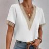 TIFICY Women's Fashion Casual Summer Spring Solid Color Print Lace Short Sleeve V-Neck Blouses & Shirts