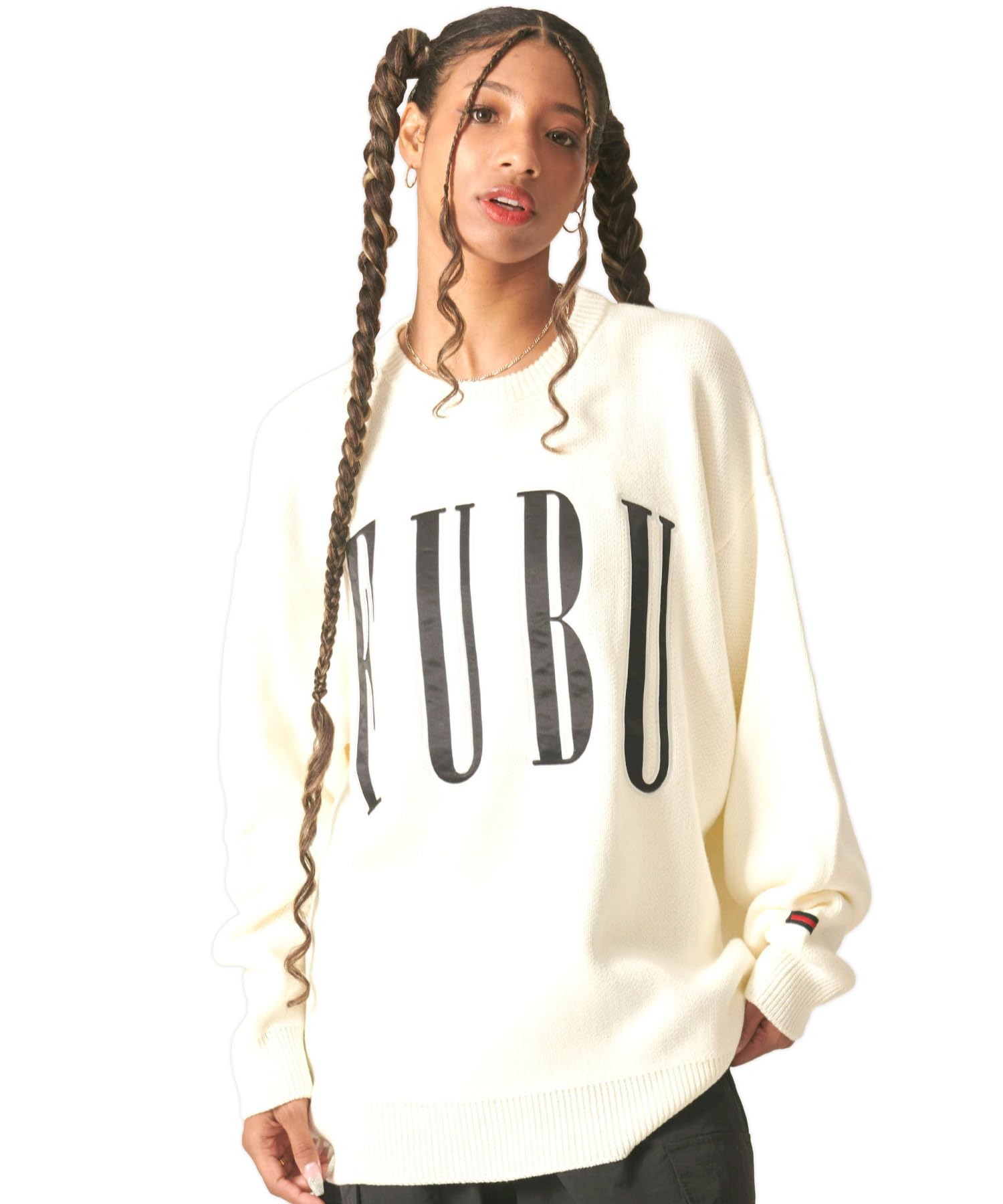 

FUBU Knit Long Sleeve for Men and Brand Big American Oversized fam-42710 Off-White Sweater, Pullover, Women, Name, Logo, Casual,