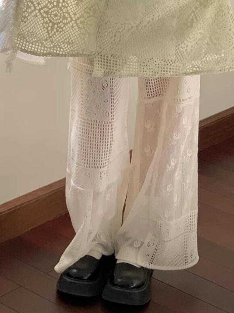 Summer Loose Pants Vintage White Pants Women High Waist Sweet Embroidery Flower Pants Lace Korean Y2k Aesthetic Casual Trousers