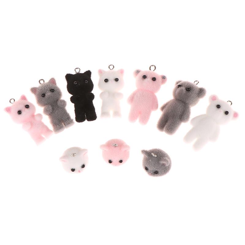 2Pcs Cat Bear Pendant Kawaii 3D Fluffy Flocking Charms Miniature Dolls Keychain Necklace Pendant Diy Crafts Jewelry Make