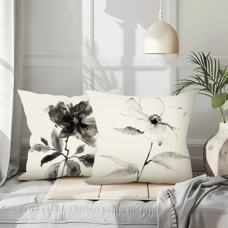Chinese Style Ink Painting Floral Home Decor Pillowcase Bedroom Living Room Sofa Decoration Polyester Cushion Cover With Zipper