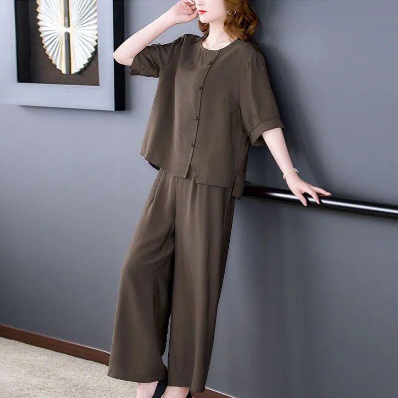 Stylish Cotton Linen Summer Outfit Set for Middle-aged Women - Short Sleeve Top 2026 XL (Recommended 90-105 kg)