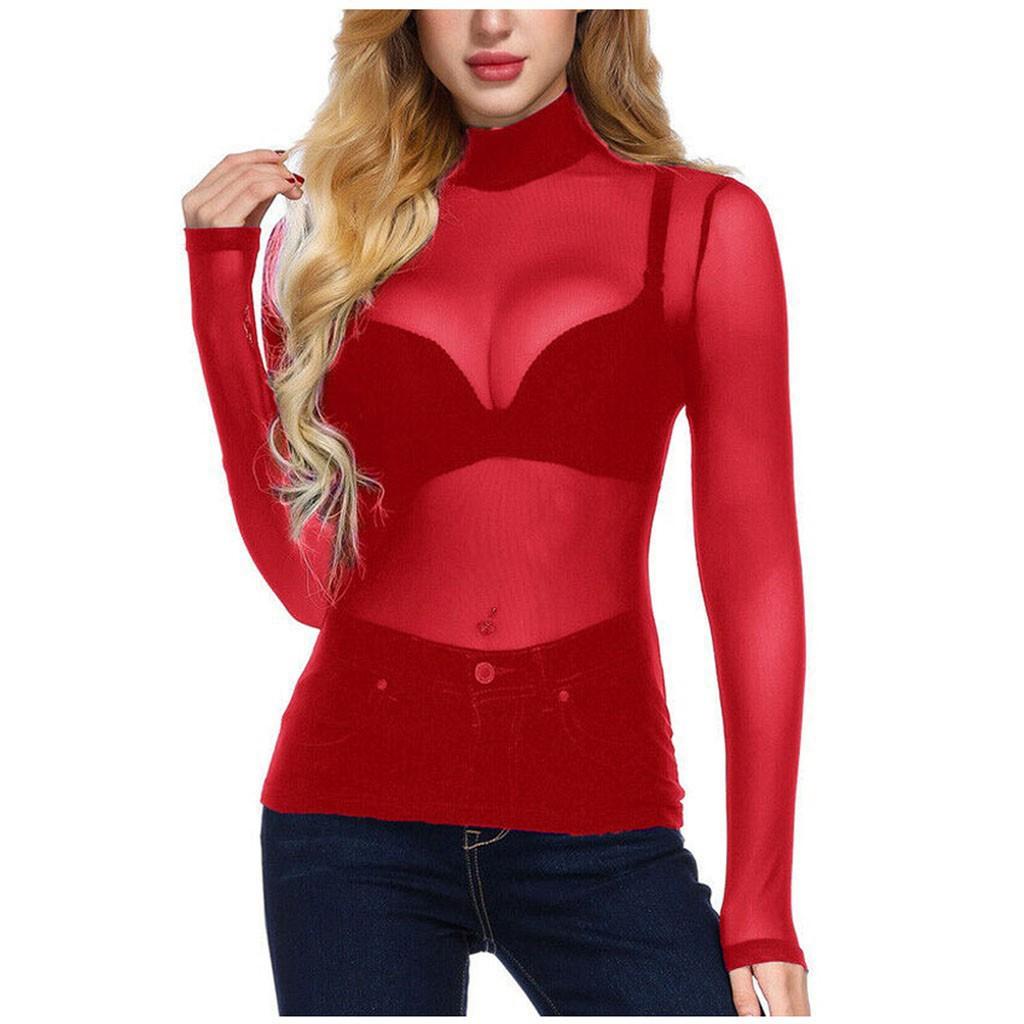 Summer Women's Blouse Bottoming Shirt Sexy Ultra-thin Mesh Stretch Tight Long-sleeved Half-high Neck Bottoming Shirt