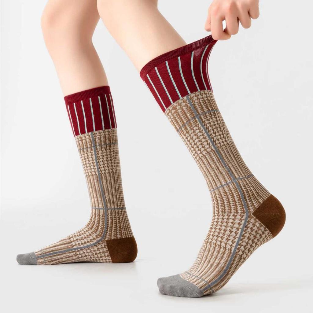 "Trendy Retro Plaid Houndstooth Calf Socks – Colorful Spring & Autumn Style for Ladies"