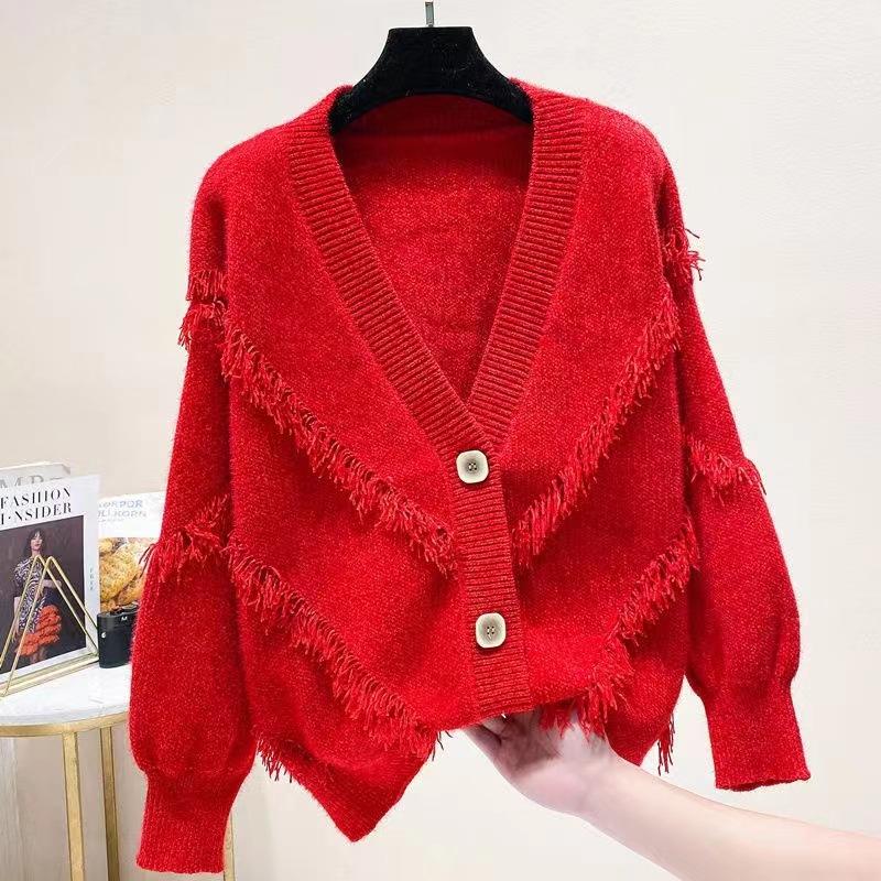 

Женский свитер-жакет, новая осенне-зимняя мода, бахрома, повседневный воротник, кардиган с длинным рукавом, трендовая верхняя одежда One Size красный