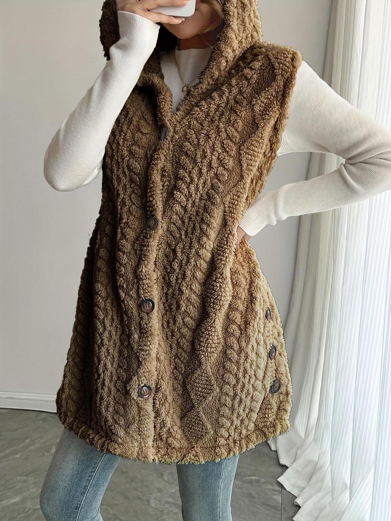 Doppelseitiger Plüsch-Kapuzen-Knopf-Strickwesten-Cardigan für Damen - Herbst/Winter-Stil