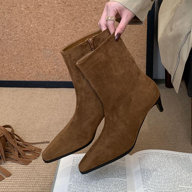 Mode Mode Niedriger Absatz Schuhe Flock Damen Knöchel Modern Stiefel Mit Schuhen Spitze Zehenpartie Damen Kurze Stiefeletten Reißverschlüsse Schuhe Damen Pumps