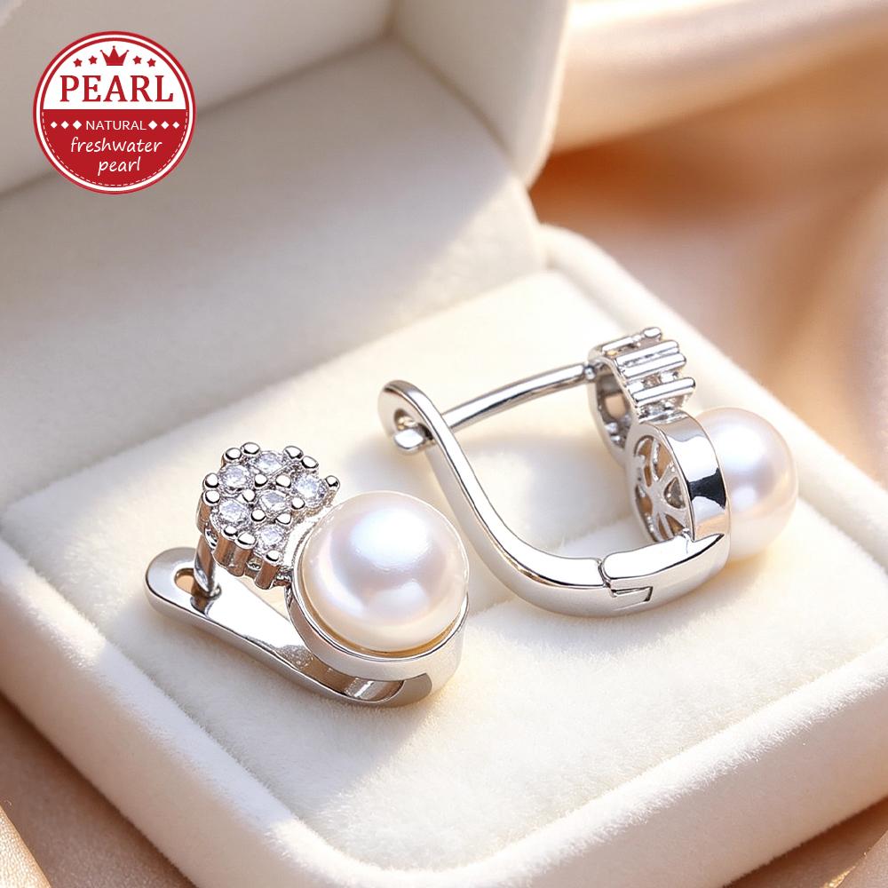 FENASY Natural Freshwater Pearl Earrings Silver Color Fashion Cubic Zirconia Clip Earrings for Women Birthday Gifts