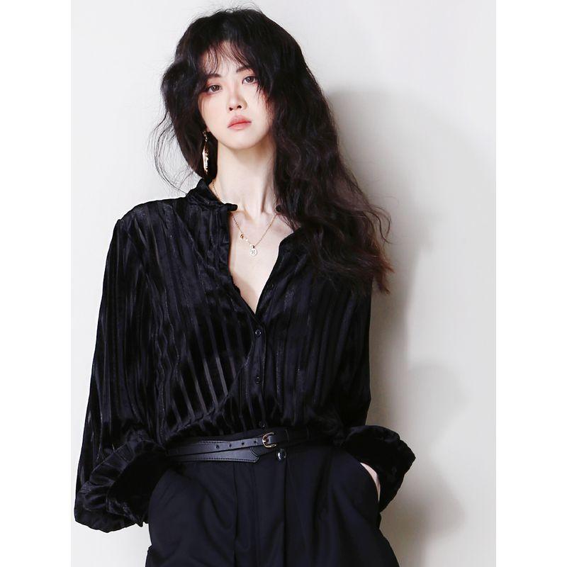 

T95 Half Cut Out Velvet Retro Loose Long Sleeves Shirt Black M