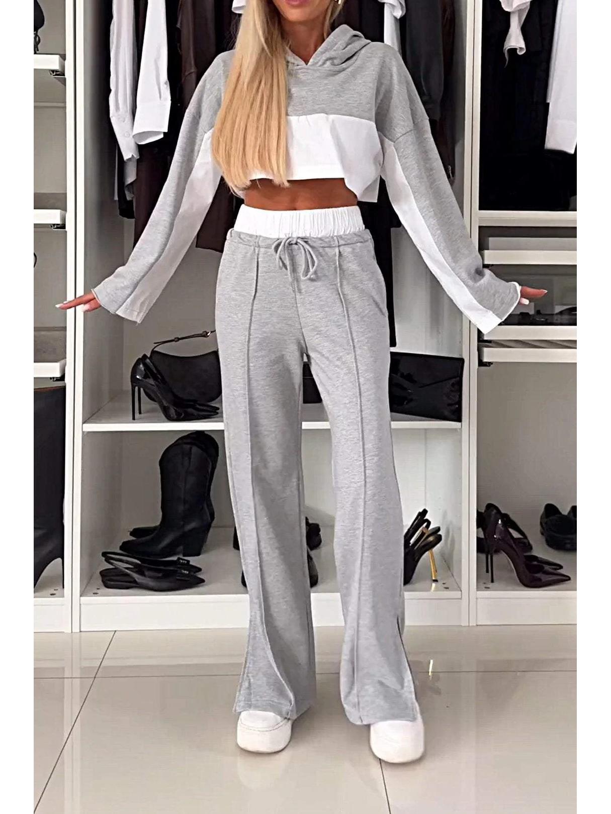 

New Fashion Women s Two-Piece Color Block Set: Long Sleeve Hooded Sweatshirt & Drawstring Long Pants S сірий колір