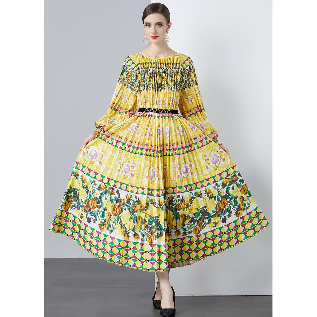 Spring Autumn Women Designer Print Oversized Long Maxi Holiday Party Pleated Dresses with Belt