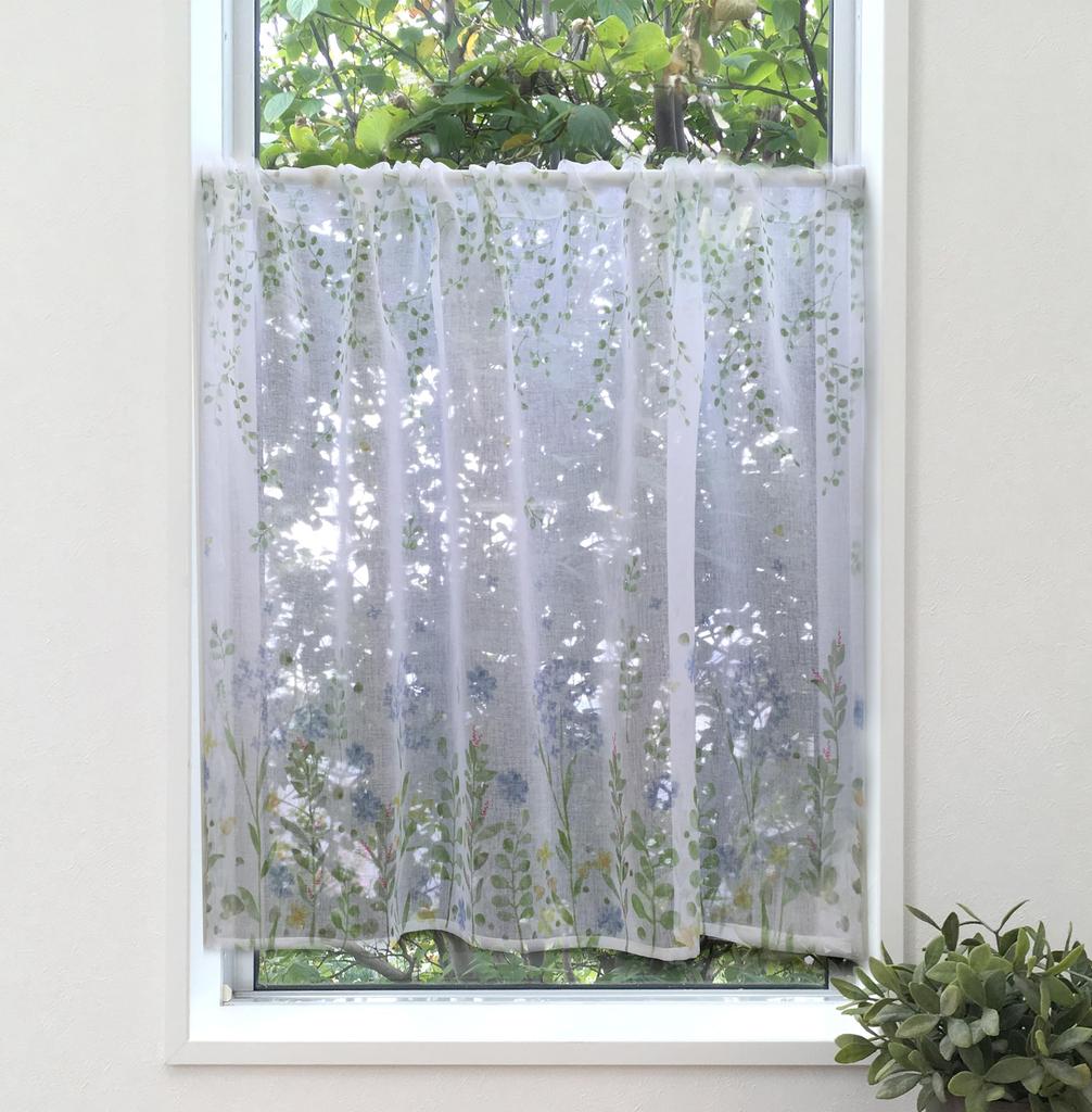 Clothshop Nunoya Cafe Curtain for Small Width 100 X Length 70cm Windows, Voile, Printed, Approx. [Botanical Blue]