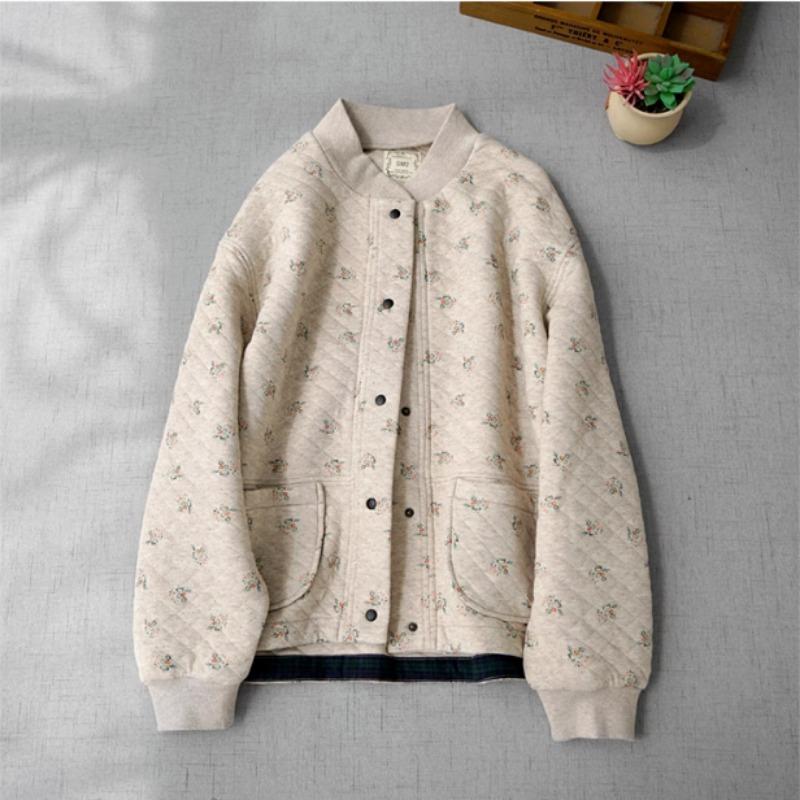 Round Neck Button-down Long-sleeved Cardigan Jacket with Printed Contrasting Colors Fashionable Casual Loose Top for Women