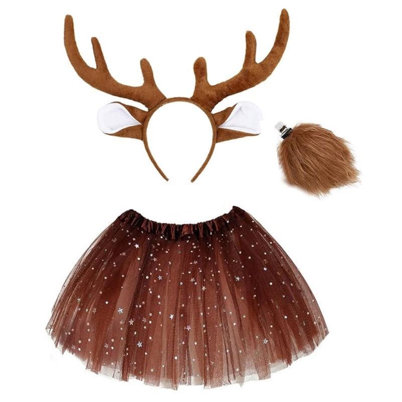 Christmas Deer Costume for Women Girl Christmas Deer Ear Headband Deer Tail Nose Skirt Halloween Amimal Outfit Accessory