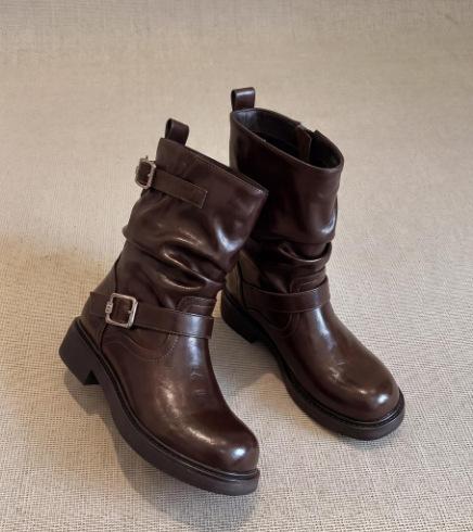 Retro old western short boots women's new thick-soled thick heel belt buckle stacked boots British style round head Martin boots women