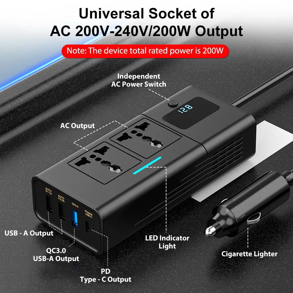 Autoinvertor AC 12V na DC 220V Měnič napětí a výkonu 200W pro 12V vozidla