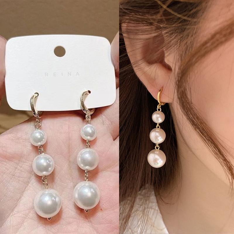 Fashion White Imitation Pearl Long Dangle Earrings For Women Golden Color Metal Hoop Earrings Wedding Party Elegant Jewelry Gift