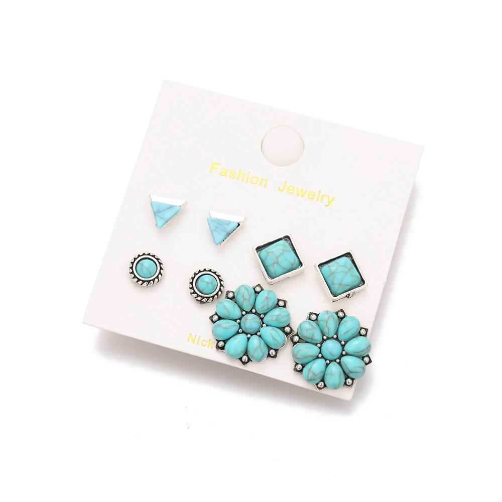 Vintage Bohemian Turquoise Floral Geometric Round Earrings 4 Pair Set