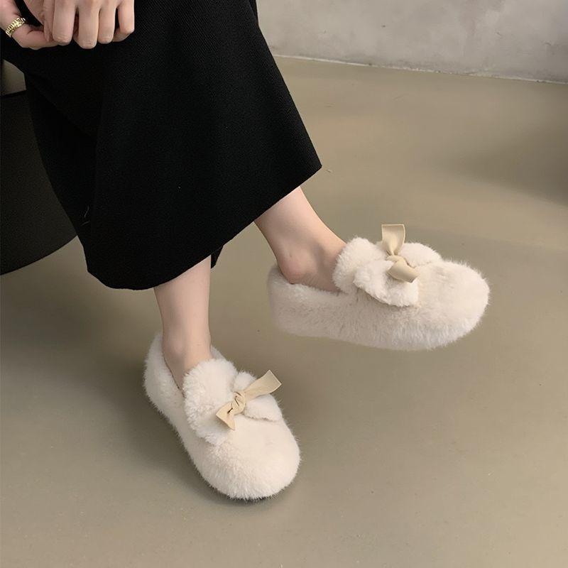 

2026 Winter Women s Plush Soft Sole Slip on Shoes Fur Lined Bow Ballet Flats Cozy Driving Loafers Cute Casual Moccasins Ladies 40 бежевий